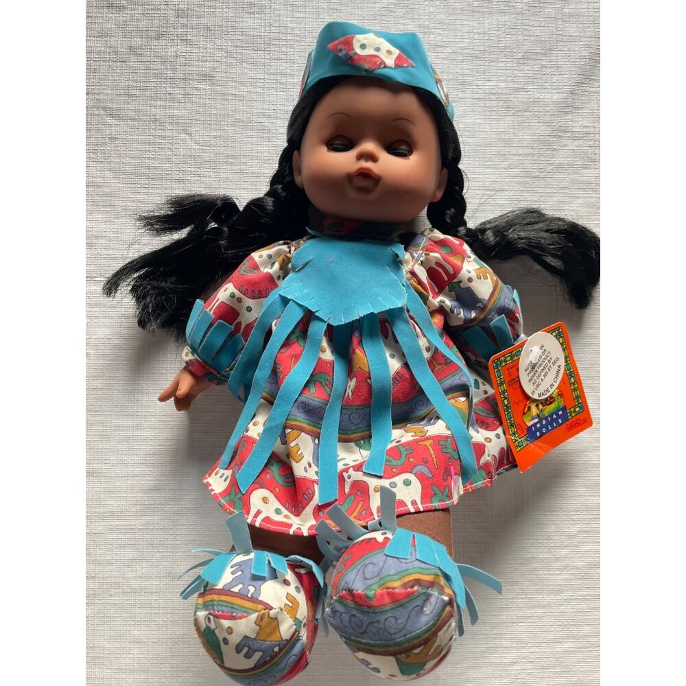 Native American-Themed Vinyl Doll By Gigo Toy With Traditional Outfit & Braid De